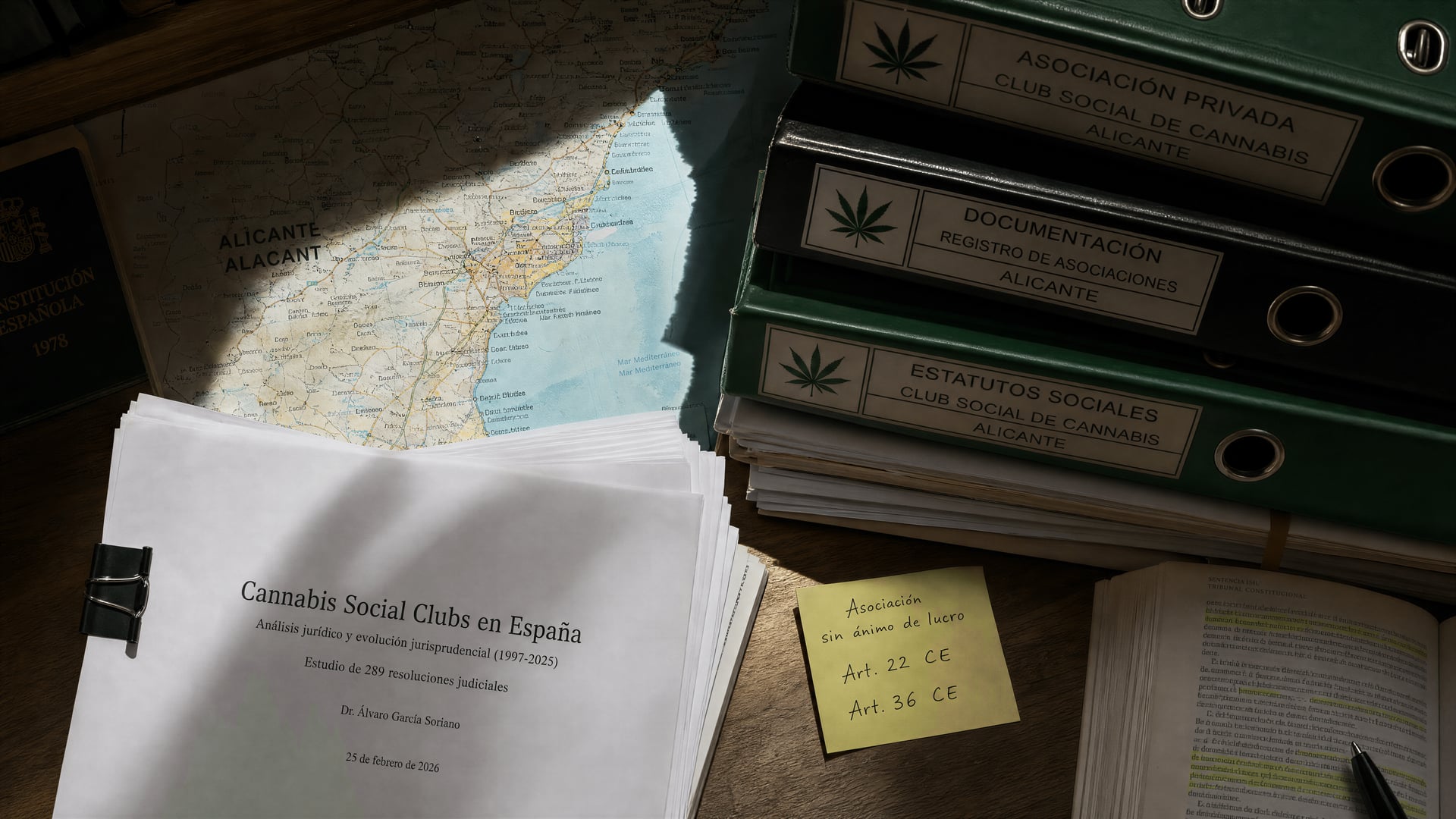 Legal research papers beside an Alicante province map and private association registration files